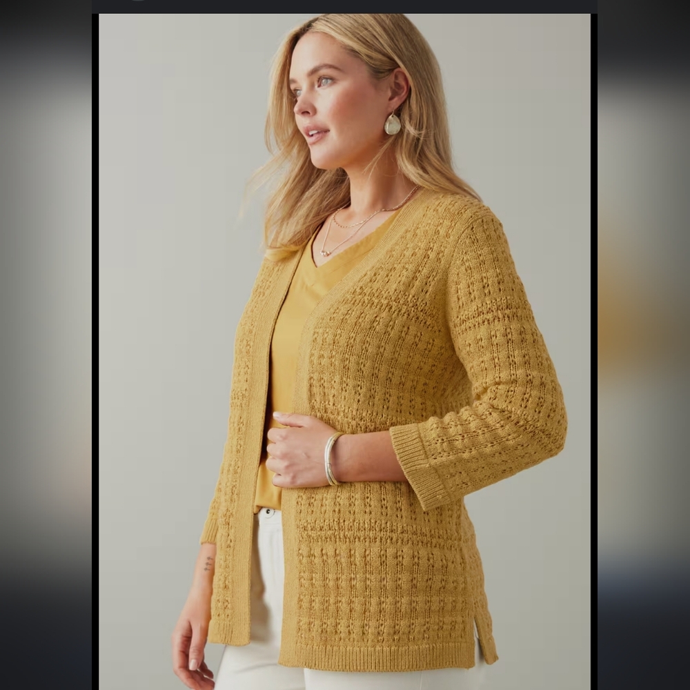 J. Jill Mustard Yellow Knit Open Cardigan with Textured Design - XS